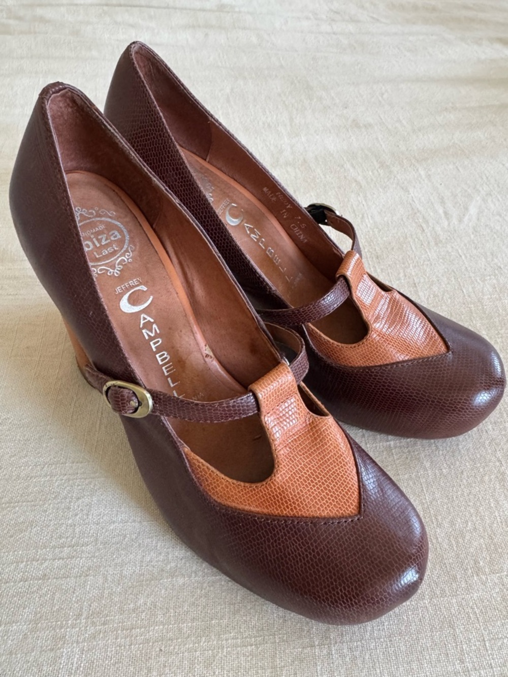 Jeffrey Campbell “Hedy” Two-Tone Brown & Tan Mary Jane Heels